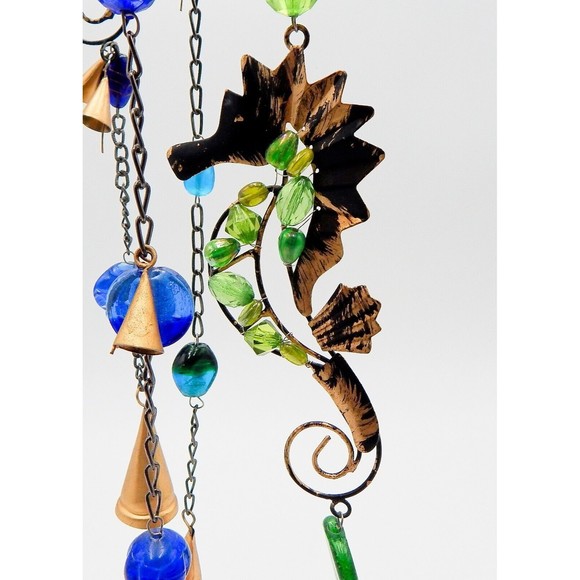 Pier 1 One Imports Jewel Tone Beaded Seahorse Windchime Gold Bells Made in India - Picture 3 of 8